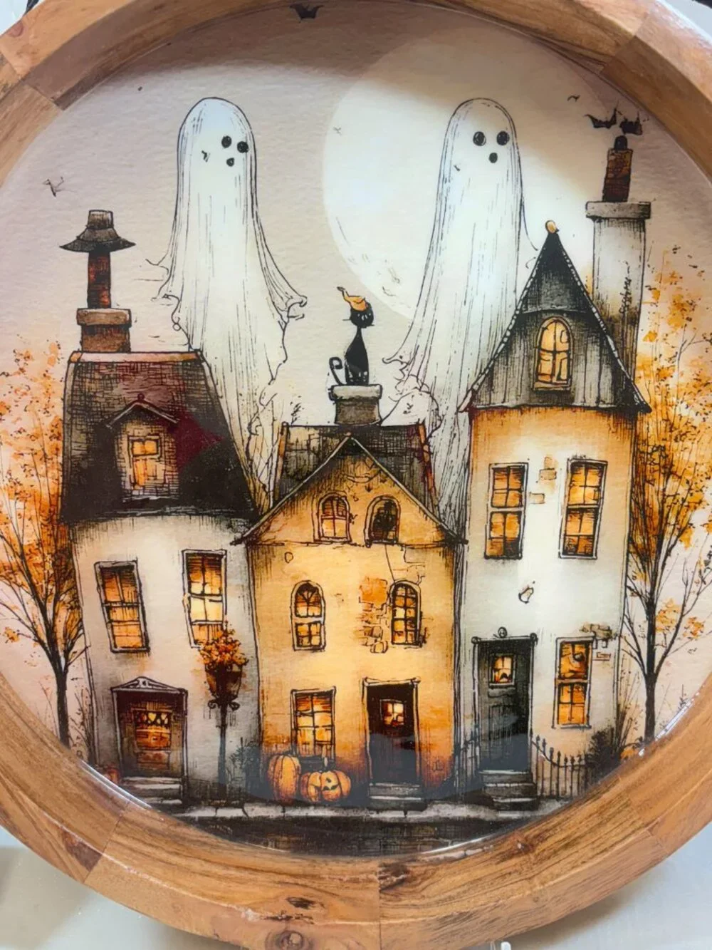Acacia Wood Round Halloween Ghost & Haunted House 14” Handle Serving Tray